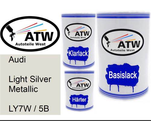 Audi, Light Silver Metallic, LY7W / 5B: 500ml Lackdose + 500ml Klarlack + 250ml Härter - Set, von ATW Autoteile West.